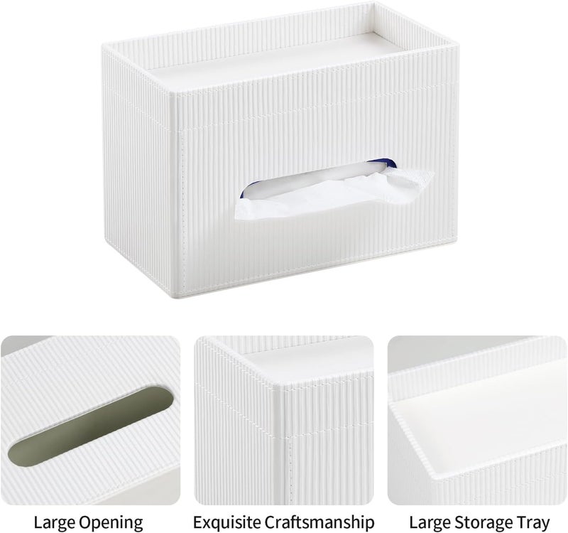 Cretkhp Tissue Box Cover Rectangle with Storage Tray, PU Leather Tissue Holder for Bathroom Vanity Countertop Night Stands Bedroom Office Desk, Stylish Rectangular Tissue Box Holder (Ivory) - Image 4